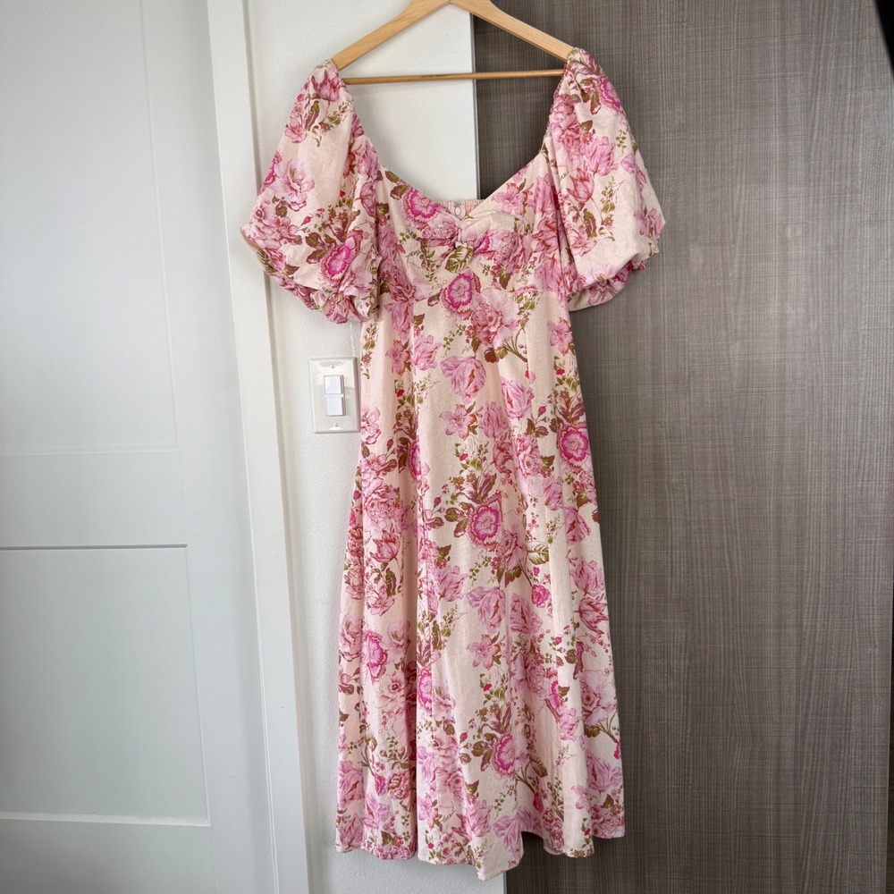 Avec Les Filles Pink Floral Print Puffed Sleeve Twist Bodice Midi Dress Size 12 - Picture 4 of 13